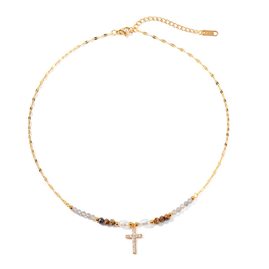 New Simple and Versatile Freshwater Pearl and Zirconium Cross Necklace