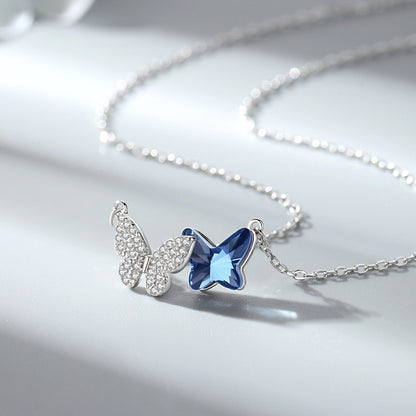 S925 Sterling Silver Butterfly Necklace Crystal Pendant Collarbone Chain