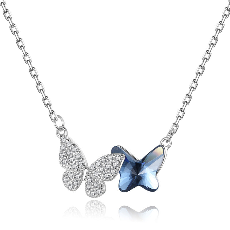 S925 Sterling Silver Butterfly Necklace Crystal Pendant Collarbone Chain