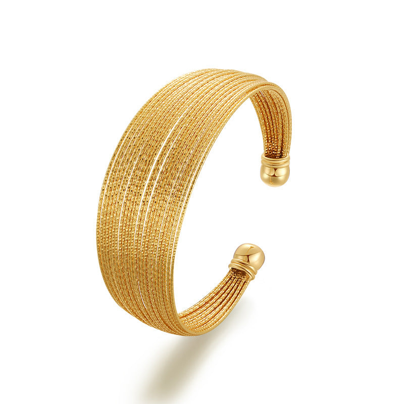 18K Plated Genuine Gold Open Metal Bracelet Vintage Design Multi-Layered Thin Loop Wide Edge Bracelet