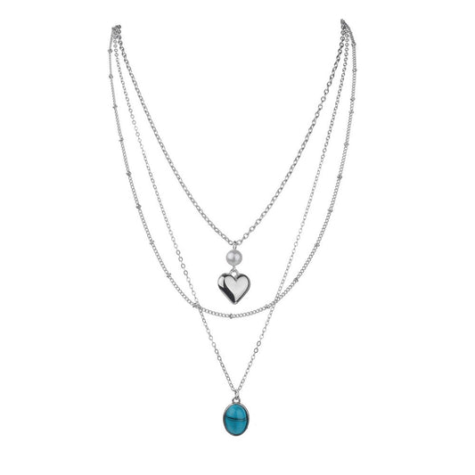 Bohemian Ethnic Turquoise Heart Pearl Triple Alloy Pendant Necklace