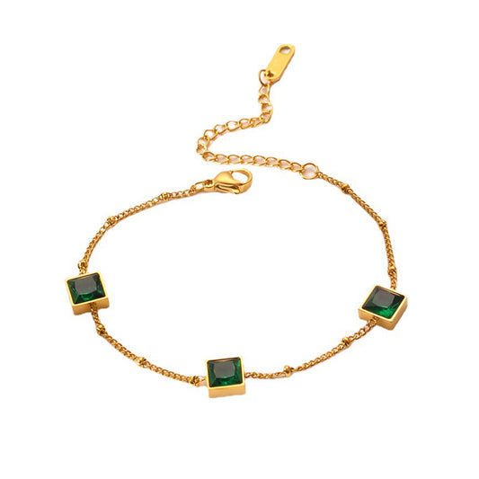 Poptopping Emerald Gold Square Zirconia Titanium Steel Bracelet