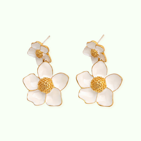 French Delicate Elegant Double Flower Oil Drop Earrings