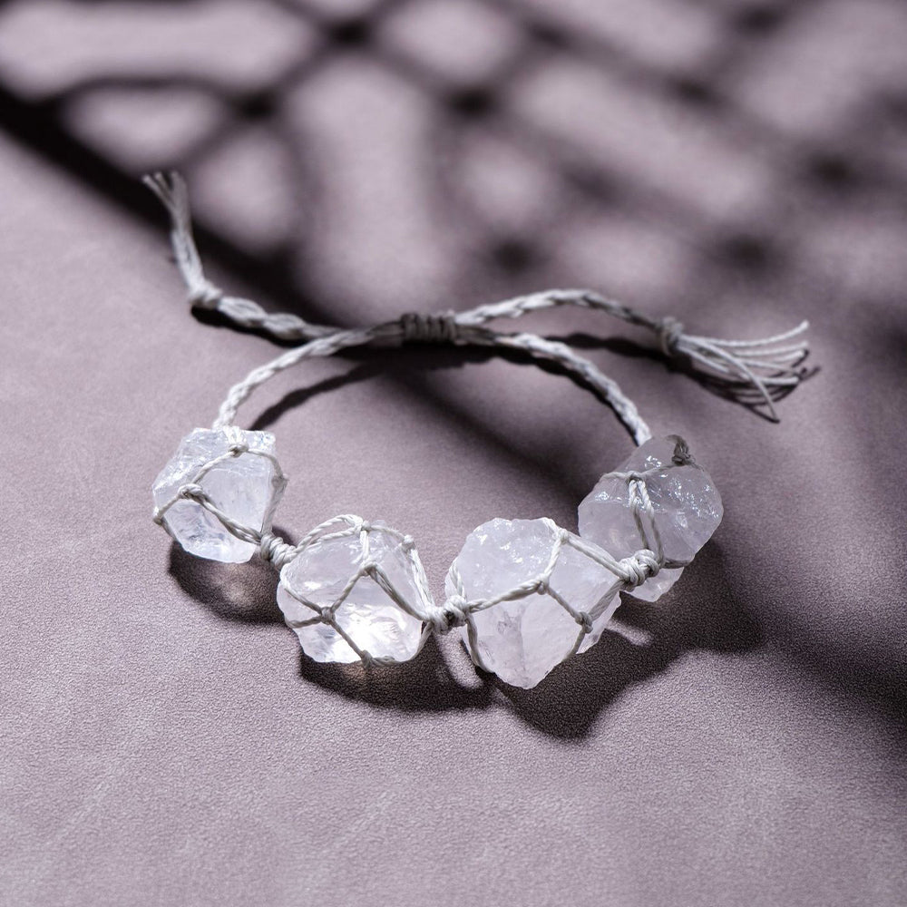 Natural Raw Gemstone White Crystal Hand-Woven Bracelet with Adjustable Length