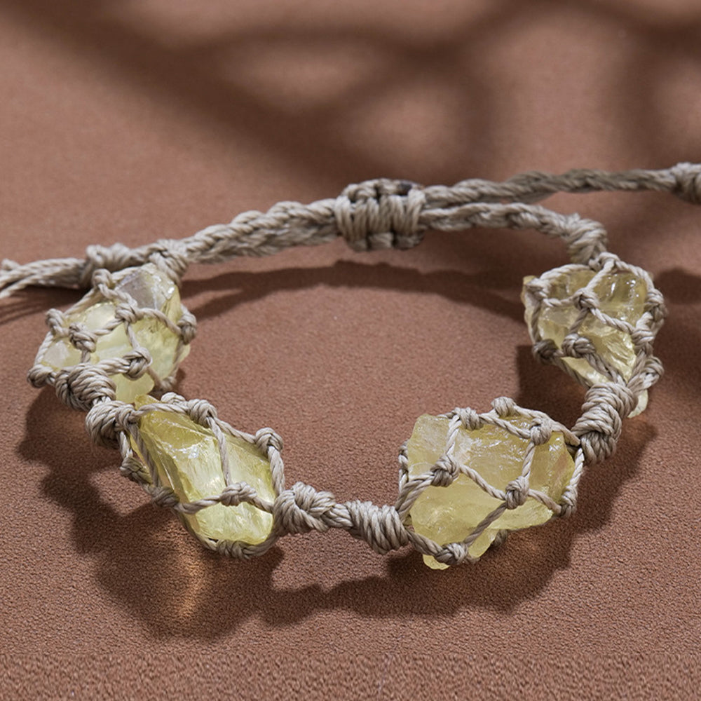 Natural Raw Yellow Gemstone Crystal Hand-Woven Bracelet with Adjustable Length