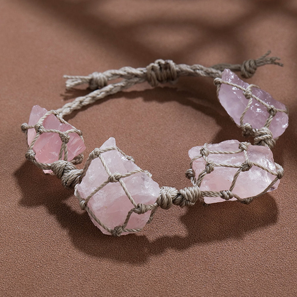 Natural Raw Gemstone Crystal Hand-Woven Bracelet with Adjustable Length-Pink