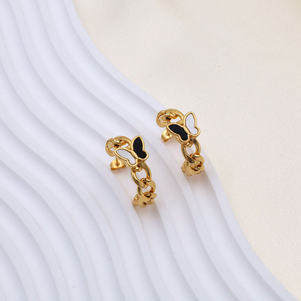 Poptopping Letter C Shaped Lock Chain Black and White Butterfly Embellished Gold Stud Earrings