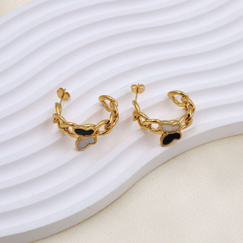 Poptopping Letter C Shaped Lock Chain Black and White Butterfly Embellished Gold Stud Earrings