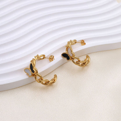 Poptopping Letter C Shaped Lock Chain Black and White Butterfly Embellished Gold Stud Earrings