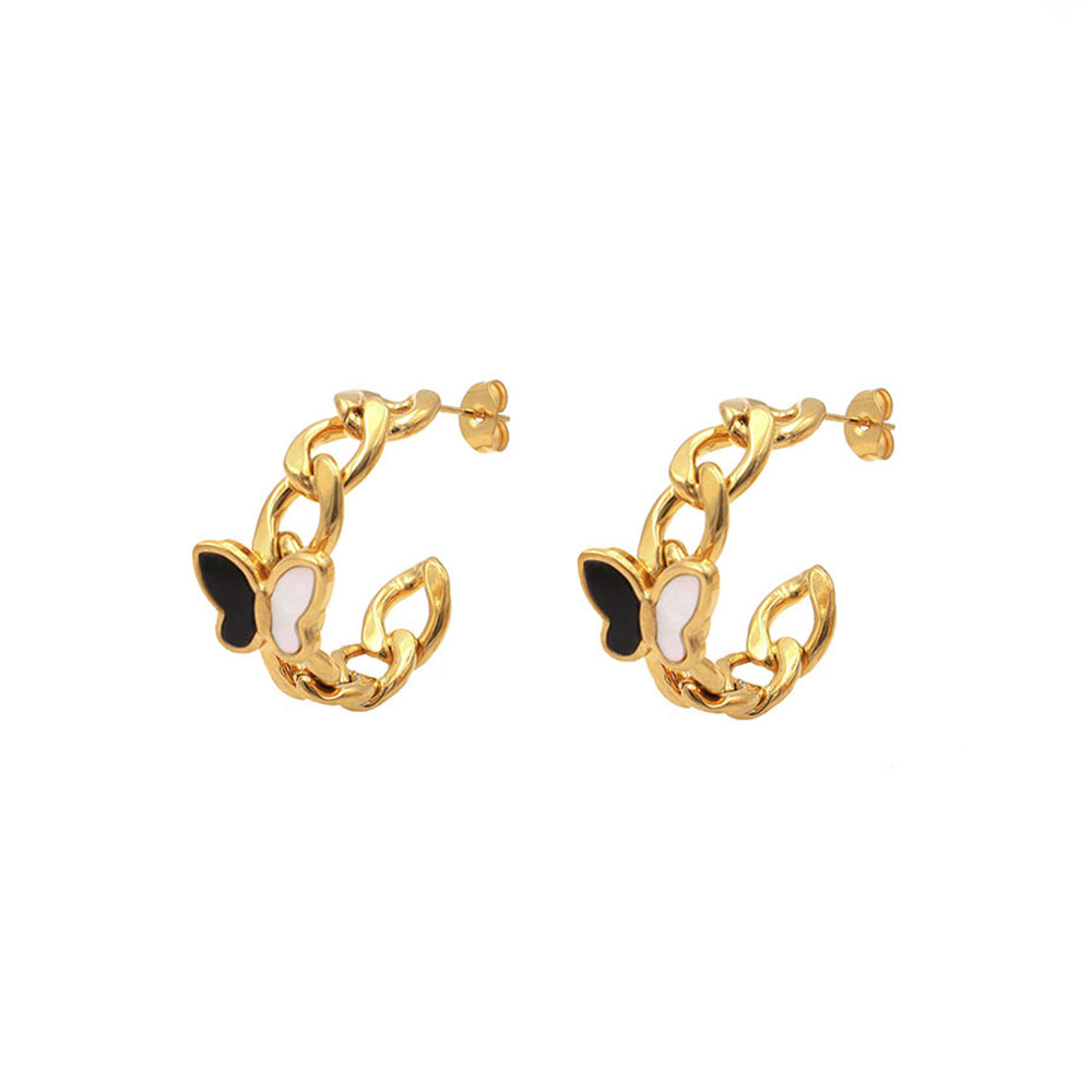 Poptopping Letter C Shaped Lock Chain Black and White Butterfly Embellished Gold Stud Earrings