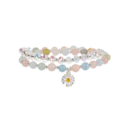 Natural Morganite Double Ring Silver Daisy Flower Bracelet