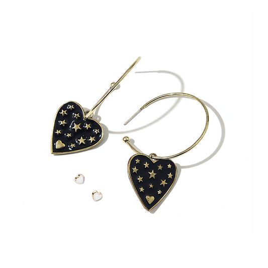 PopTopping  Gold Black Heart Dangle Earrings