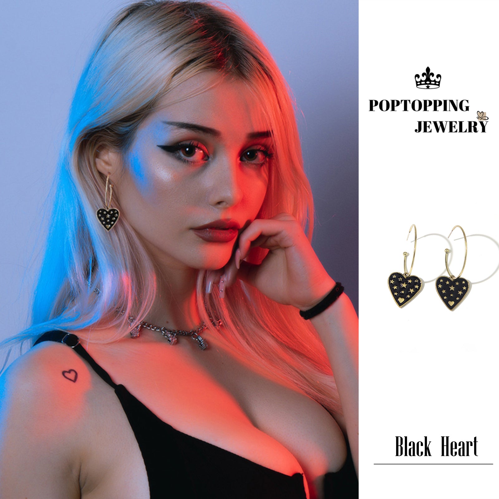 PopTopping  Gold Black Heart Dangle Earrings Birthday Christmas Valentine's Day Gift