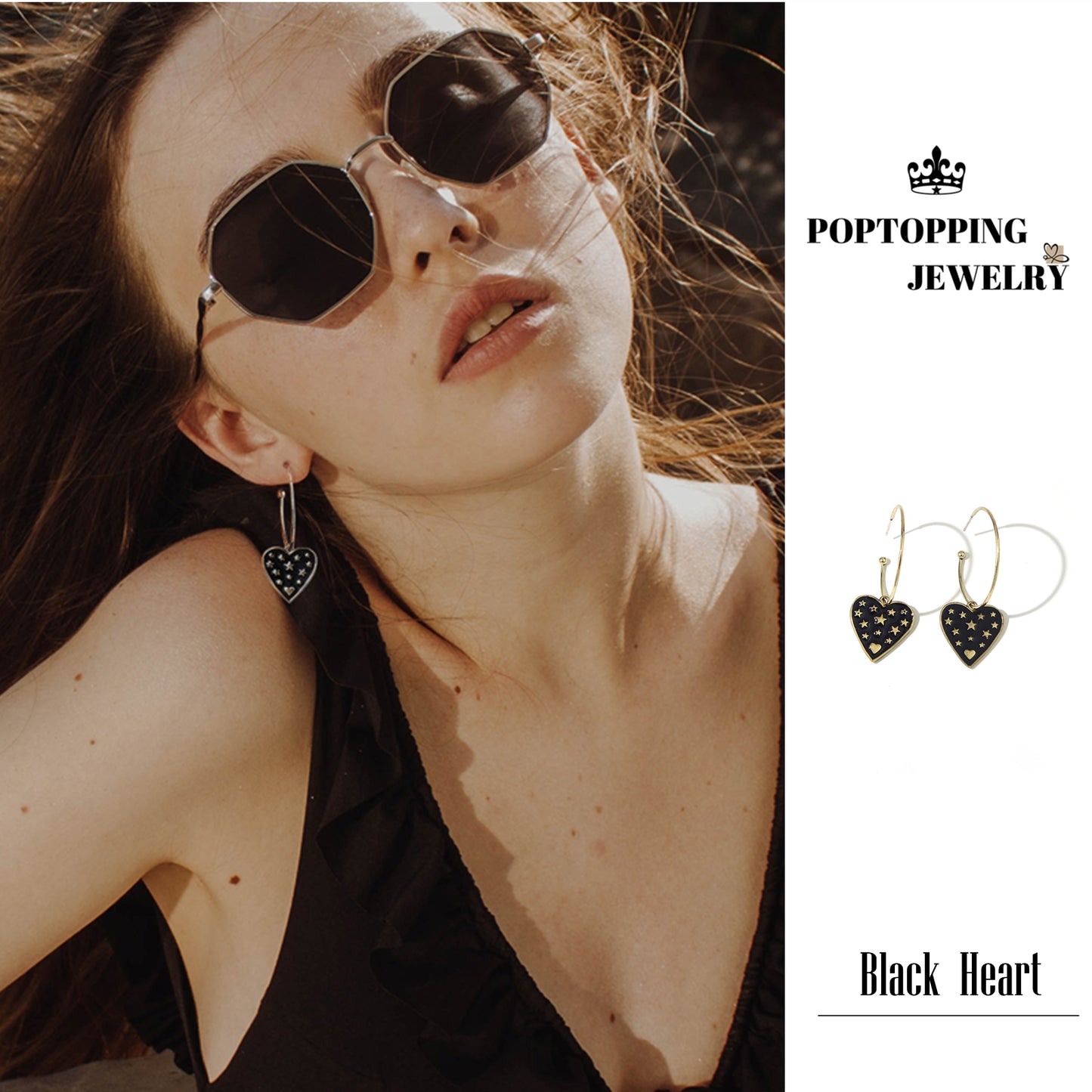 PopTopping  Gold Black Heart Dangle Earrings Birthday Christmas Valentine's Day Gift