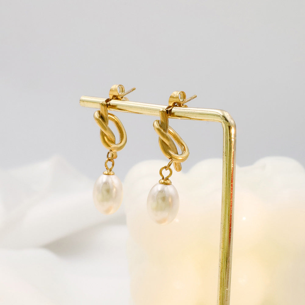 Poptopping 18k French Vintage Knotted Pearl Gold Stud Earrings