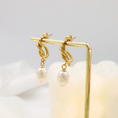 Poptopping 18k French Vintage Knotted Pearl Gold Stud Earrings