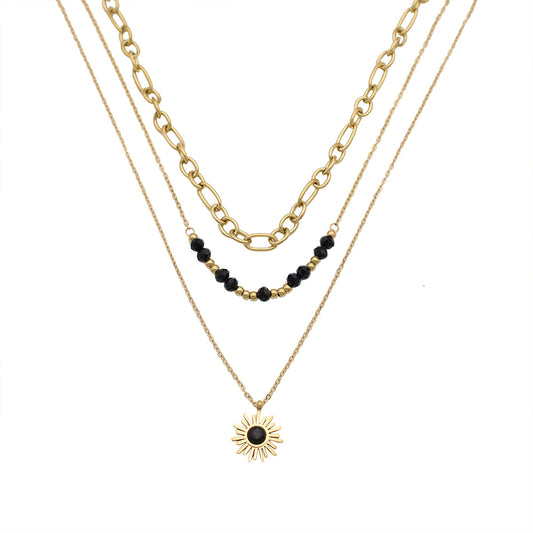 Poptopping Fashion Triple Layers Black Rice Beads Sunflower Pendant Necklace