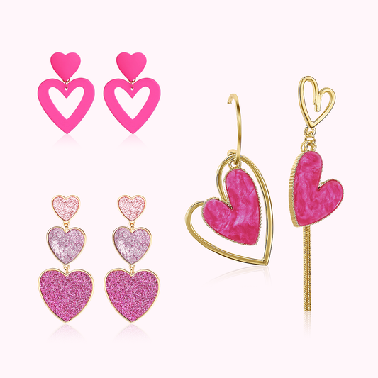 Potopping 3 Pairs of Hot Pink Love Heart Earrings For Wome