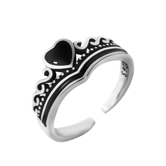 PopTopping Black Heart Ring Vintage Sterling Silver Ring Handmade Statement Rings For Women Love Heart Rings Adjustable Open End