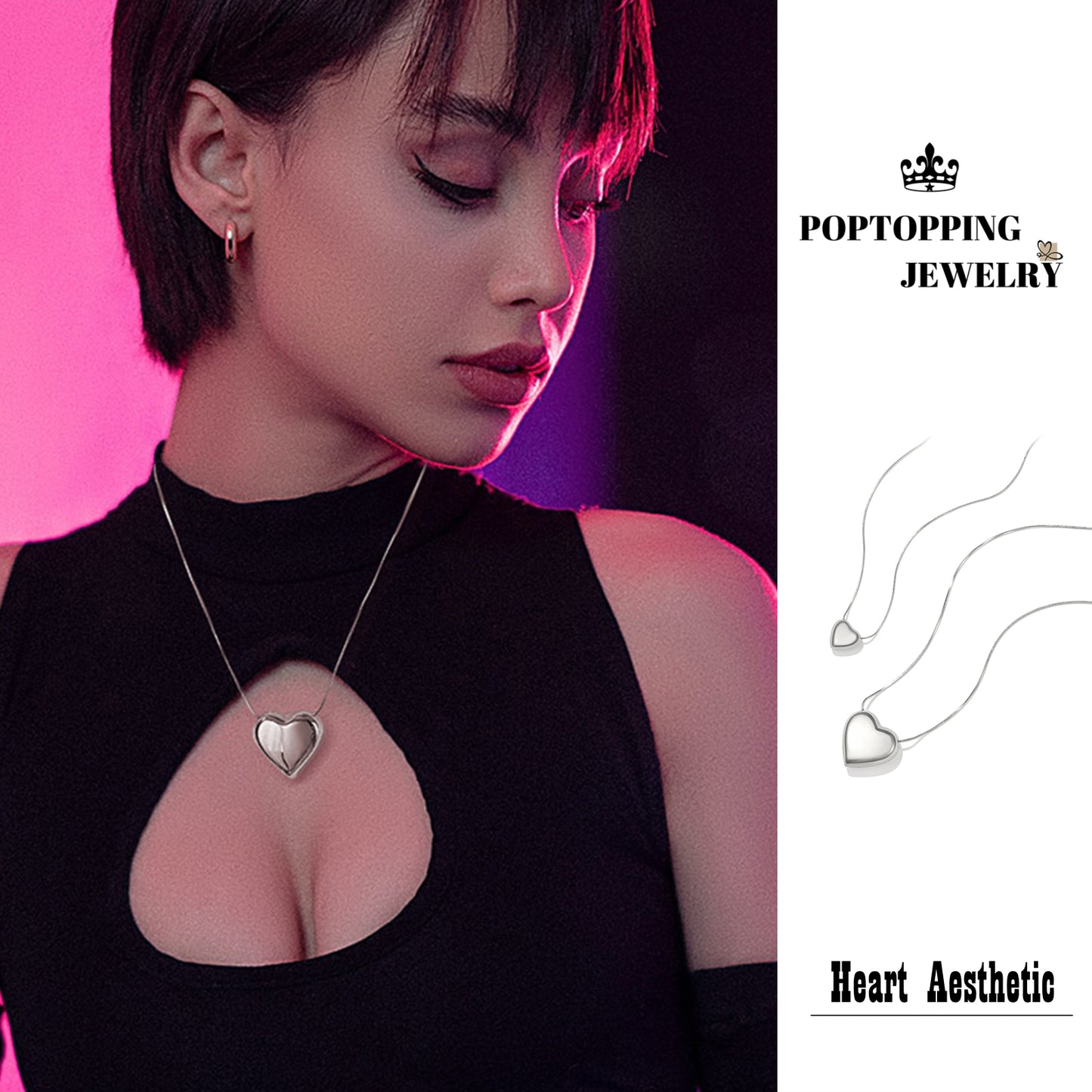 PopTopping Love Heart Layered Necklaces Chunky Heart Pendant Necklaces For Women Sterling Silver Heart Choker Necklaces For Gift On Birthday Thanksgiving Christmas Valentine's Day