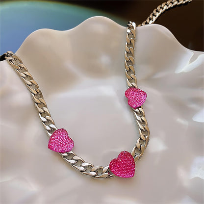 PopTopping Womens Cuban Link Necklace Pink Hearts Chain Necklace For Teen Girls Love Heart Choker Necklace Gift On Birthday Valentine's Day Christmas (A-Pink)